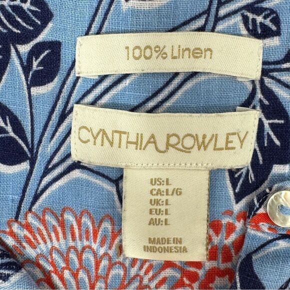 Cynthia Rowley Floral Linen Sleeveless Shirt Button Front Blue Coral Red Large - Picture 8 of 10